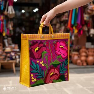 One Side Embroidered Mexican Mercado Tote Bag – Plastic Woven Market Style